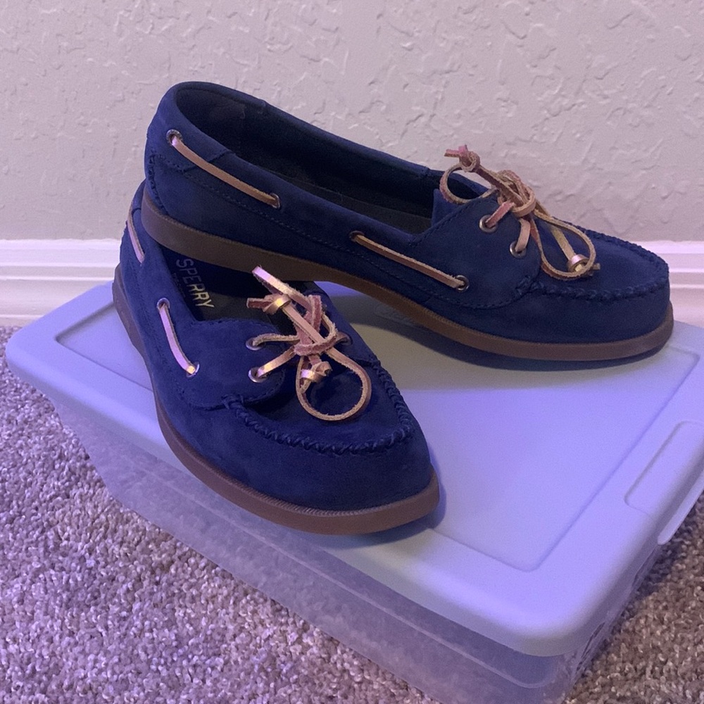 Navy blue suede womens sperrys
